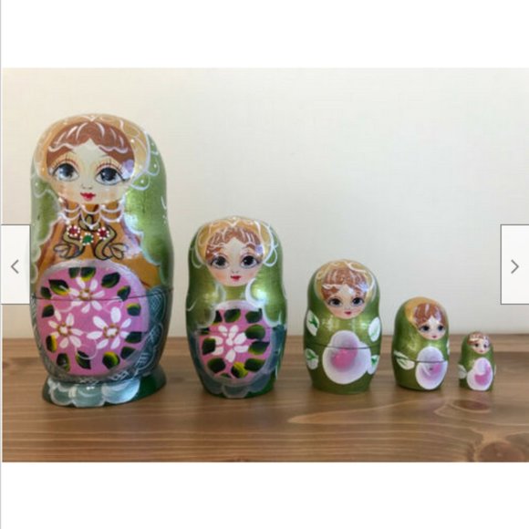 Hand Crafted Other - Genuine Russian Matryoshka 5 pc Nesting Dolls Green Painted Wooden Lacquer